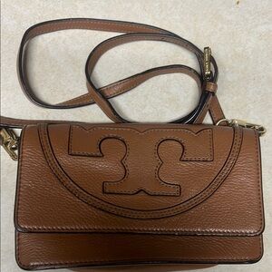 Tory Burch Brown Leather Crossbody Bag with Logo Design